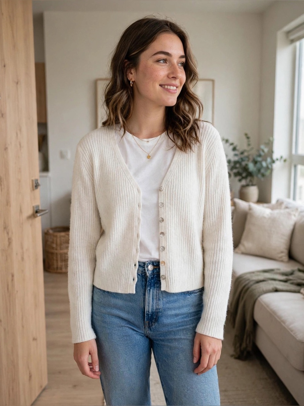 Rachel Zoe Cream Ribbed V-Neck Button Cardigan